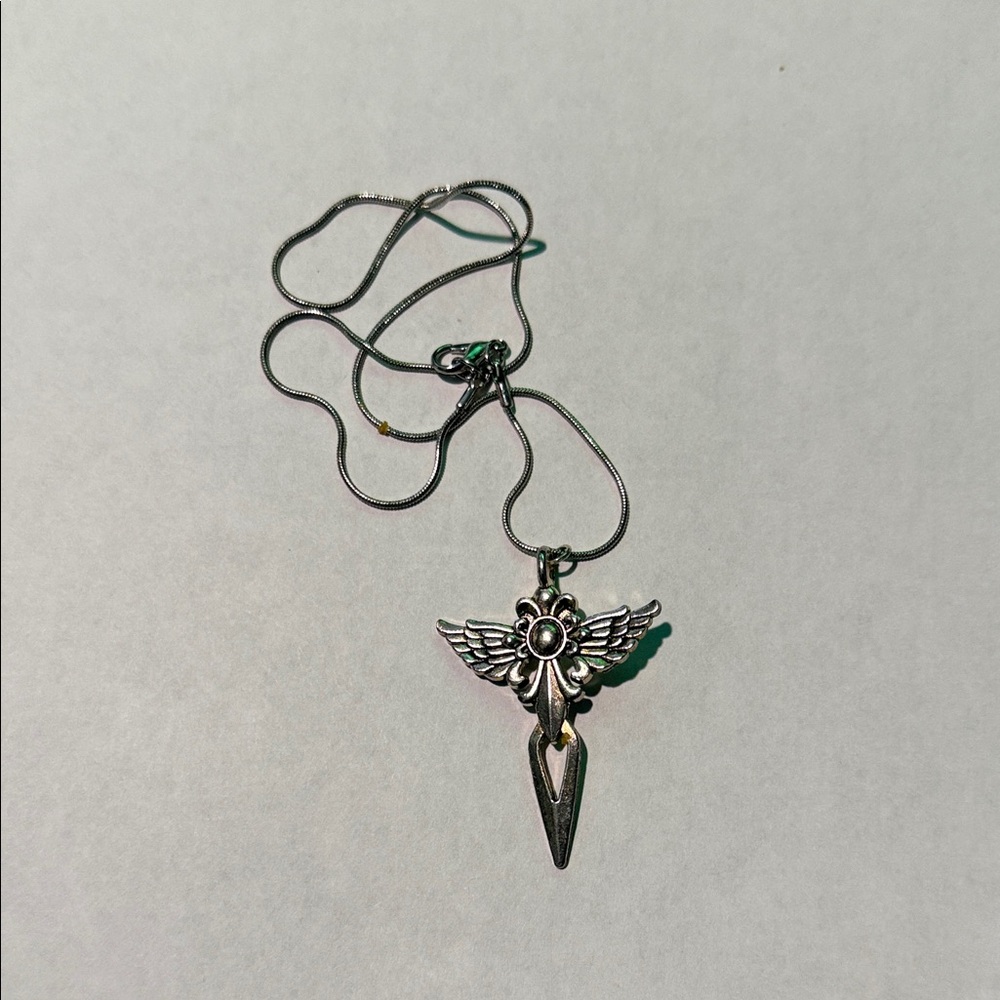 Silver- tone Angel Wing Dagger Pendant Necklace